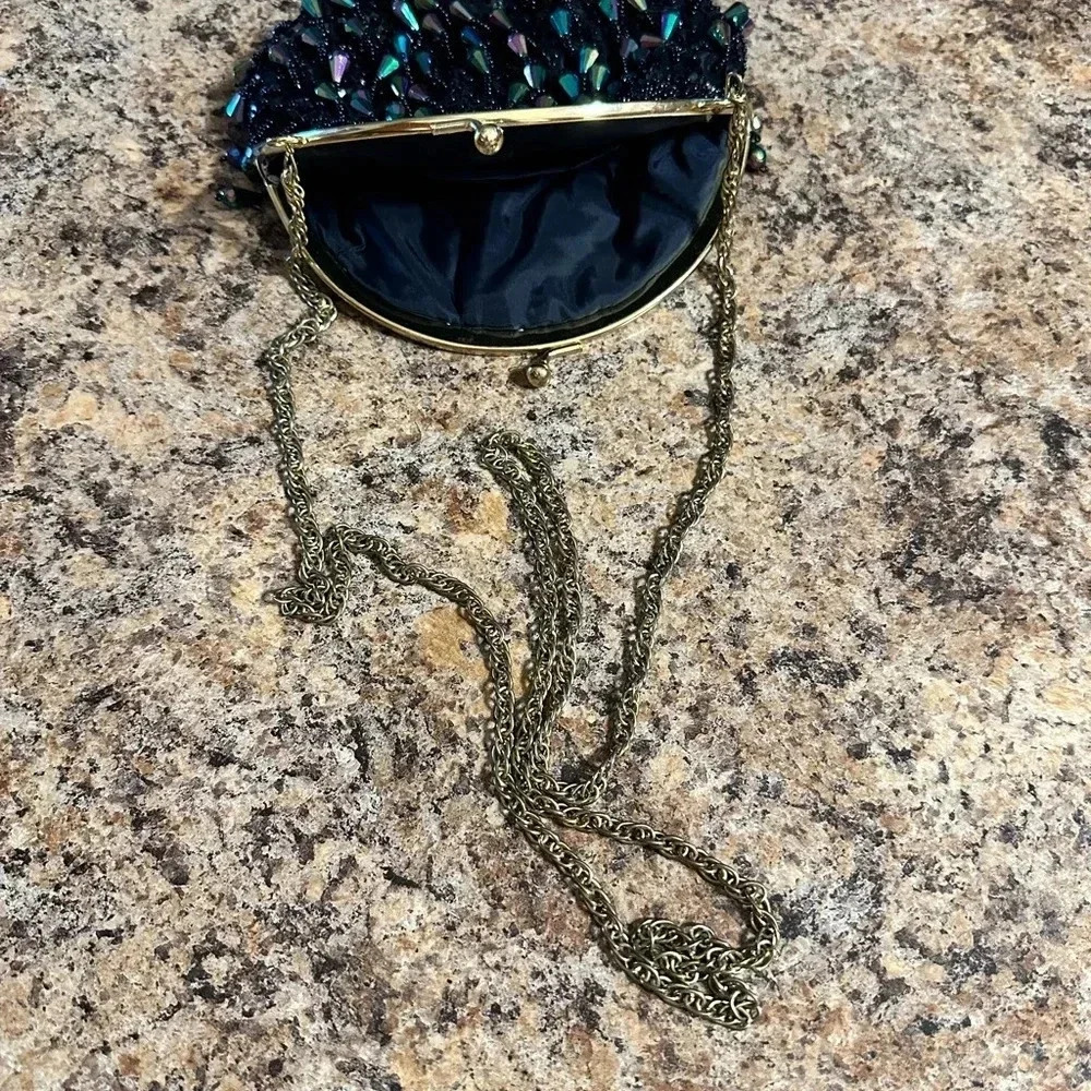 Vintage Black Dangle Bead And Sequins Iridescent Evening Bag Kiss Lock Closure - Picture 10 of 14